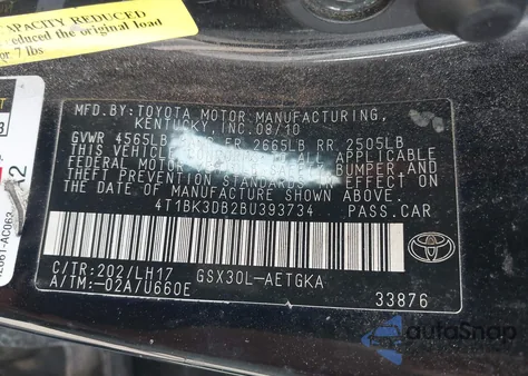 2011 Toyota Avalon из США, поврежденный, VIN 4T1BK3DB2BU393734